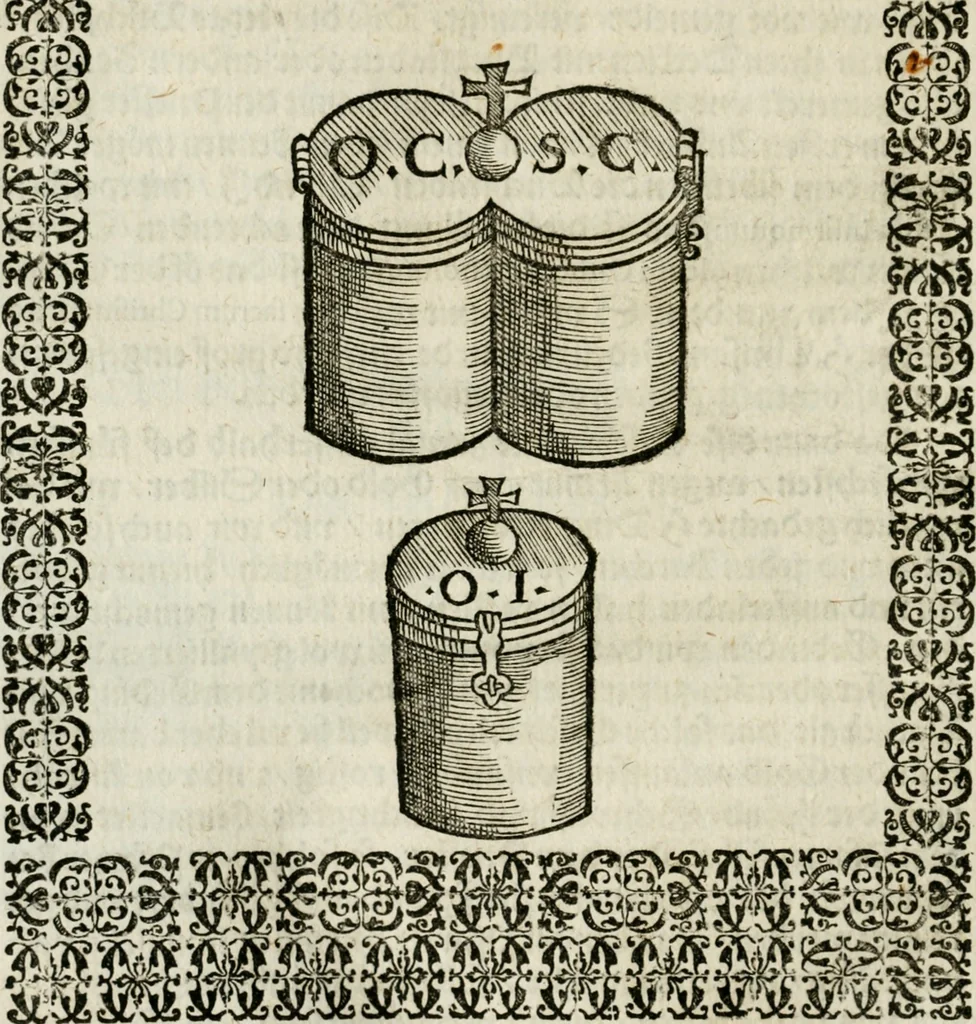 An illustration from Ornatvs ecclesiasticvs, hoc est, Compendivm praecipvarvm rervm, qvibvs qvaevis rite decenterqve compositae ecclesiae exornari, ac redimiri debent : omnibus ecclesiarum praelatis & rectoribus, per totam Ratisbonensem Dioecesin cum primis necessarium, Latinè & Germanicè, adiectis etiam quarundam suppellectilium figuris, 1591, leaf 221
