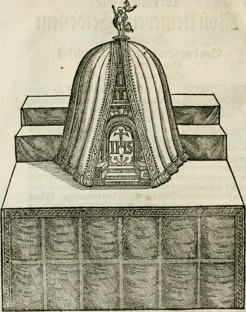 An illustration from Ornatvs ecclesiasticvs, hoc est, Compendivm praecipvarvm rervm, qvibvs qvaevis rite decenterqve compositae ecclesiae exornari, ac redimiri debent : omnibus ecclesiarum praelatis & rectoribus, per totam Ratisbonensem Dioecesin cum primis necessarium, Latinè & Germanicè, adiectis etiam quarundam suppellectilium figuris, 1591, leaf 223