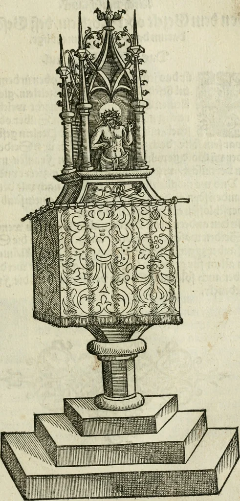 An illustration from Ornatvs ecclesiasticvs, hoc est, Compendivm praecipvarvm rervm, qvibvs qvaevis rite decenterqve compositae ecclesiae exornari, ac redimiri debent : omnibus ecclesiarum praelatis & rectoribus, per totam Ratisbonensem Dioecesin cum primis necessarium, Latinè & Germanicè, adiectis etiam quarundam suppellectilium figuris, 1591, leaf 224