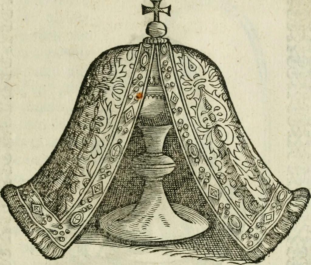 An illustration from Ornatvs ecclesiasticvs, hoc est, Compendivm praecipvarvm rervm, qvibvs qvaevis rite decenterqve compositae ecclesiae exornari, ac redimiri debent : omnibus ecclesiarum praelatis & rectoribus, per totam Ratisbonensem Dioecesin cum primis necessarium, Latinè & Germanicè, adiectis etiam quarundam suppellectilium figuris, 1591, leaf 226