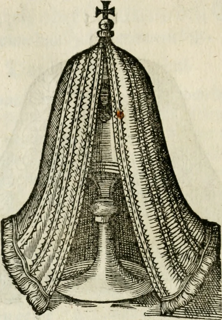 An illustration from Ornatvs ecclesiasticvs, hoc est, Compendivm praecipvarvm rervm, qvibvs qvaevis rite decenterqve compositae ecclesiae exornari, ac redimiri debent : omnibus ecclesiarum praelatis & rectoribus, per totam Ratisbonensem Dioecesin cum primis necessarium, Latinè & Germanicè, adiectis etiam quarundam suppellectilium figuris, 1591, leaf 227