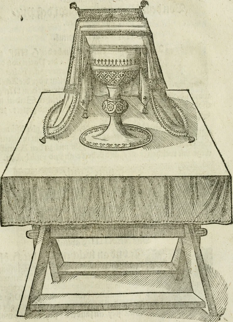 An illustration from Ornatvs ecclesiasticvs, hoc est, Compendivm praecipvarvm rervm, qvibvs qvaevis rite decenterqve compositae ecclesiae exornari, ac redimiri debent : omnibus ecclesiarum praelatis & rectoribus, per totam Ratisbonensem Dioecesin cum primis necessarium, Latinè & Germanicè, adiectis etiam quarundam suppellectilium figuris, 1591, leaf 234