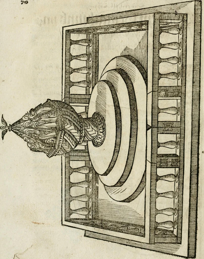 An illustration from Ornatvs ecclesiasticvs, hoc est, Compendivm praecipvarvm rervm, qvibvs qvaevis rite decenterqve compositae ecclesiae exornari, ac redimiri debent : omnibus ecclesiarum praelatis & rectoribus, per totam Ratisbonensem Dioecesin cum primis necessarium, Latinè & Germanicè, adiectis etiam quarundam suppellectilium figuris, 1591, leaf 241