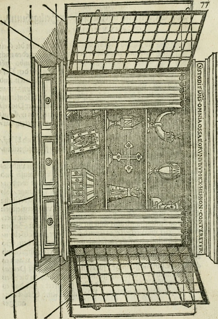 An illustration from Ornatvs ecclesiasticvs, hoc est, Compendivm praecipvarvm rervm, qvibvs qvaevis rite decenterqve compositae ecclesiae exornari, ac redimiri debent : omnibus ecclesiarum praelatis & rectoribus, per totam Ratisbonensem Dioecesin cum primis necessarium, Latinè & Germanicè, adiectis etiam quarundam suppellectilium figuris, 1591, leaf 248