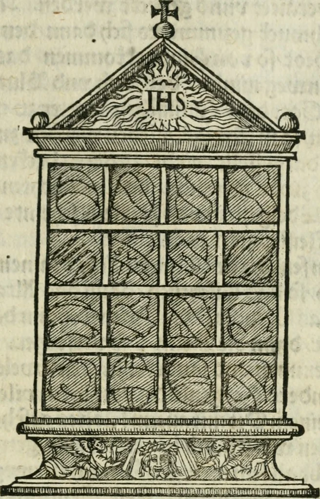 An illustration from Ornatvs ecclesiasticvs, hoc est, Compendivm praecipvarvm rervm, qvibvs qvaevis rite decenterqve compositae ecclesiae exornari, ac redimiri debent : omnibus ecclesiarum praelatis & rectoribus, per totam Ratisbonensem Dioecesin cum primis necessarium, Latinè & Germanicè, adiectis etiam quarundam suppellectilium figuris, 1591, leaf 252