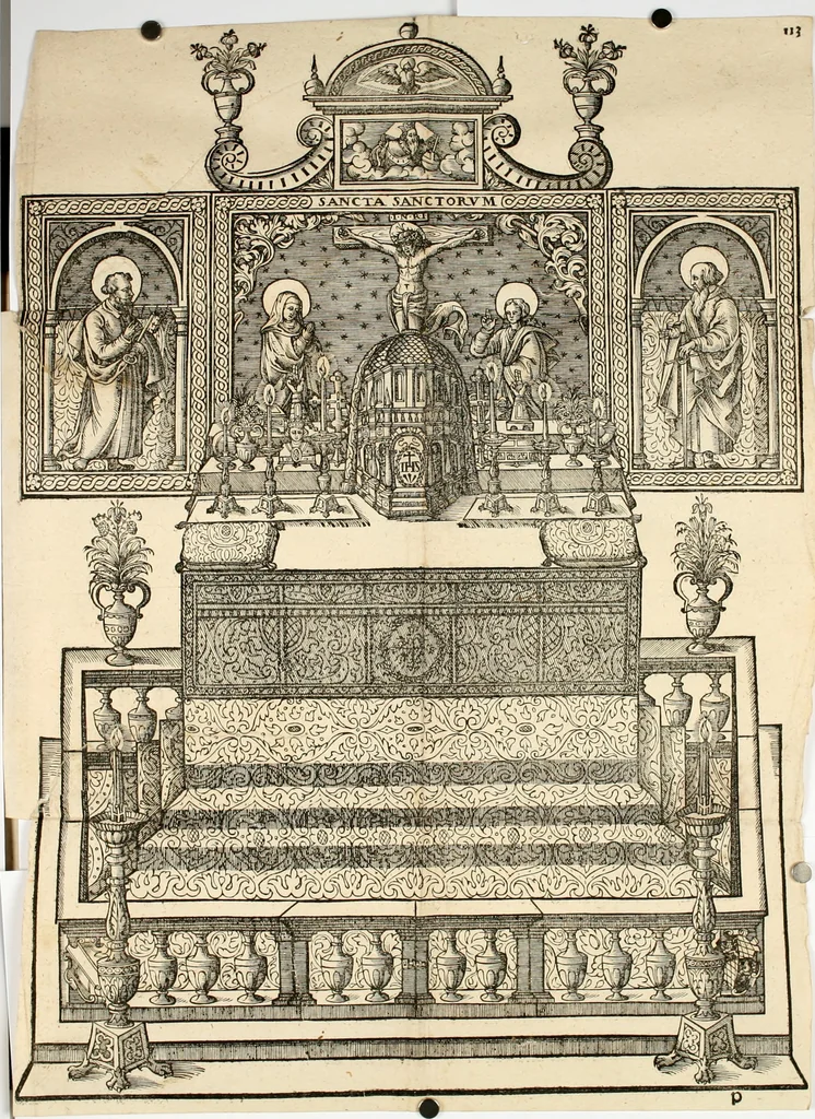 An illustration from Ornatvs ecclesiasticvs, hoc est, Compendivm praecipvarvm rervm, qvibvs qvaevis rite decenterqve compositae ecclesiae exornari, ac redimiri debent : omnibus ecclesiarum praelatis & rectoribus, per totam Ratisbonensem Dioecesin cum primis necessarium, Latinè & Germanicè, adiectis etiam quarundam suppellectilium figuris, 1591, leaf 285