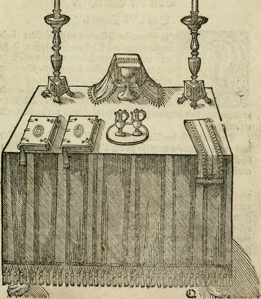An illustration from Ornatvs ecclesiasticvs, hoc est, Compendivm praecipvarvm rervm, qvibvs qvaevis rite decenterqve compositae ecclesiae exornari, ac redimiri debent : omnibus ecclesiarum praelatis & rectoribus, per totam Ratisbonensem Dioecesin cum primis necessarium, Latinè & Germanicè, adiectis etiam quarundam suppellectilium figuris, 1591, leaf 286