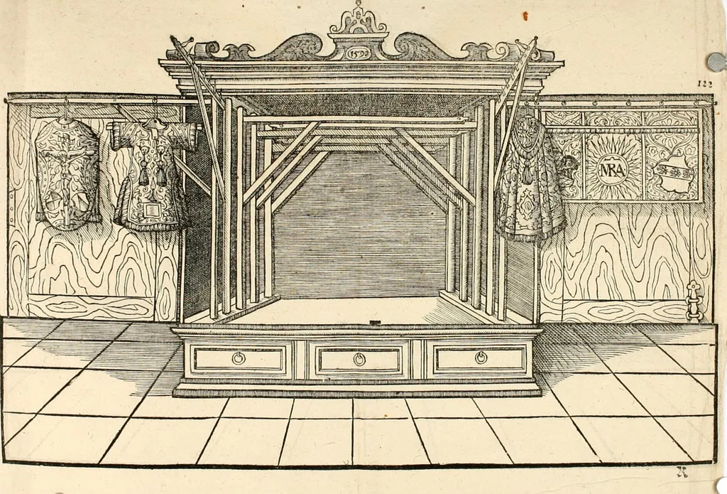 An illustration from Ornatvs ecclesiasticvs, hoc est, Compendivm praecipvarvm rervm, qvibvs qvaevis rite decenterqve compositae ecclesiae exornari, ac redimiri debent : omnibus ecclesiarum praelatis & rectoribus, per totam Ratisbonensem Dioecesin cum primis necessarium, Latinè & Germanicè, adiectis etiam quarundam suppellectilium figuris, 1591, leaf 295