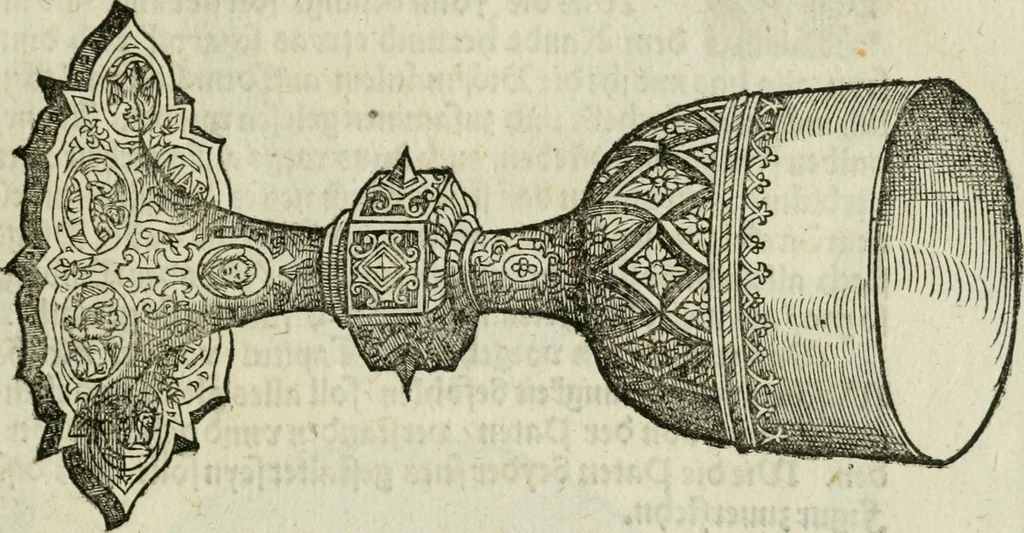 An illustration from Ornatvs ecclesiasticvs, hoc est, Compendivm praecipvarvm rervm, qvibvs qvaevis rite decenterqve compositae ecclesiae exornari, ac redimiri debent : omnibus ecclesiarum praelatis & rectoribus, per totam Ratisbonensem Dioecesin cum primis necessarium, Latinè & Germanicè, adiectis etiam quarundam suppellectilium figuris, 1591, leaf 298