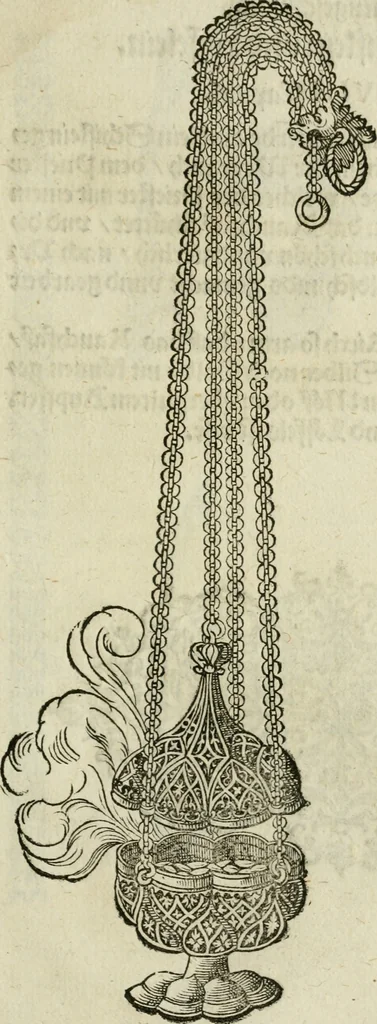 An illustration from Ornatvs ecclesiasticvs, hoc est, Compendivm praecipvarvm rervm, qvibvs qvaevis rite decenterqve compositae ecclesiae exornari, ac redimiri debent : omnibus ecclesiarum praelatis & rectoribus, per totam Ratisbonensem Dioecesin cum primis necessarium, Latinè & Germanicè, adiectis etiam quarundam suppellectilium figuris, 1591, leaf 314