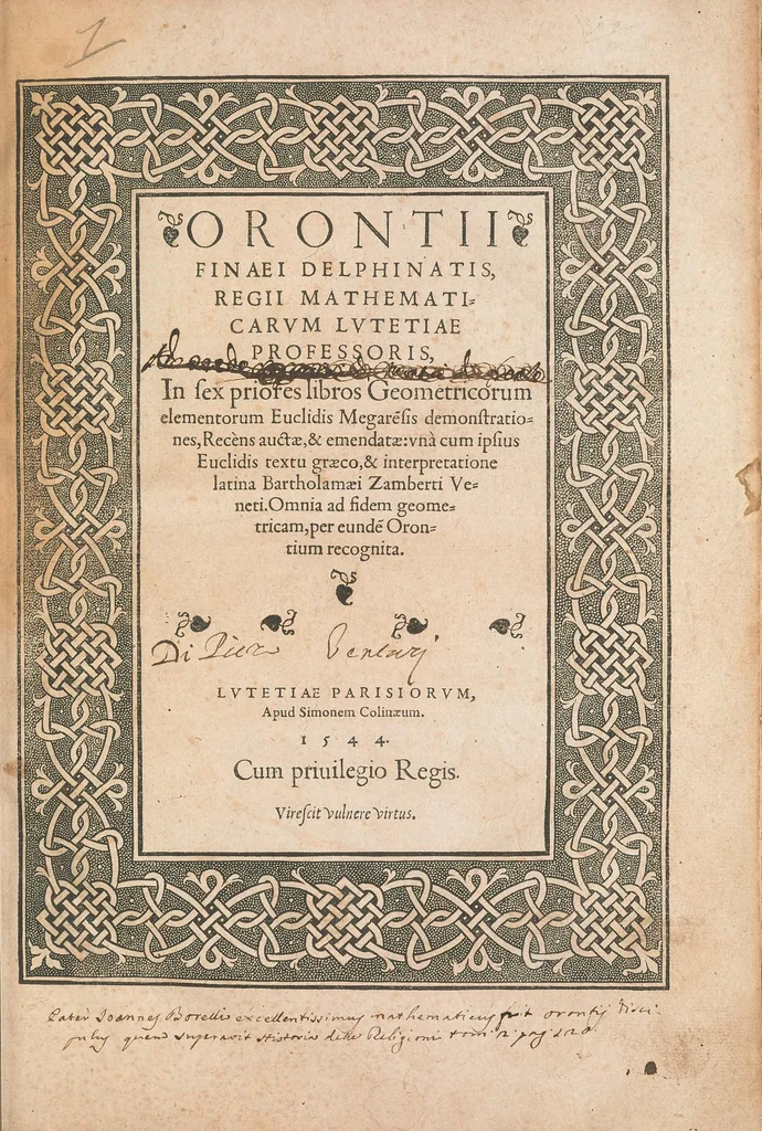 An illustration from Orontii Finæi Delphinatis regii mathematicarum Lutetiæ professoris, In sex priores libros Geometricorum elementorum Euclidis ..., 1544, leaf 5