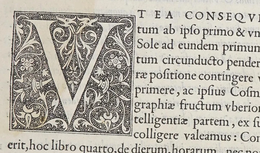An illustration from Orontij Finei Delphinatis ... [De mundi sphaera, sive Cosmographia] primáve astronomiae parte, lib. V: in audita methodo ab authore renouati, proprijsque tum commentarijs [&] figuris, tum demonstrationibus [&] tabulis recens illustrati. : Eiusdem Orontii, rectarum in circuli quadrante subtensarum (quos sinus vocant) demonstratio, supputatióq[ue]; facillima, nunc primùm edita: vnà cum eoru[n]de[m] sinuu[m] tabula, fideli admodu[m] calculo restitua. : Eiusdem Orontii, organum vniuersale, ex supradicta sinuu[m] ratione contextu[m], quo tu[m] geometrici, tu[m] omnes astronomici canones, ex quatuor sinuu[m] proportione pendentes, mira facilitate practicantur, 1542, leaf 109
