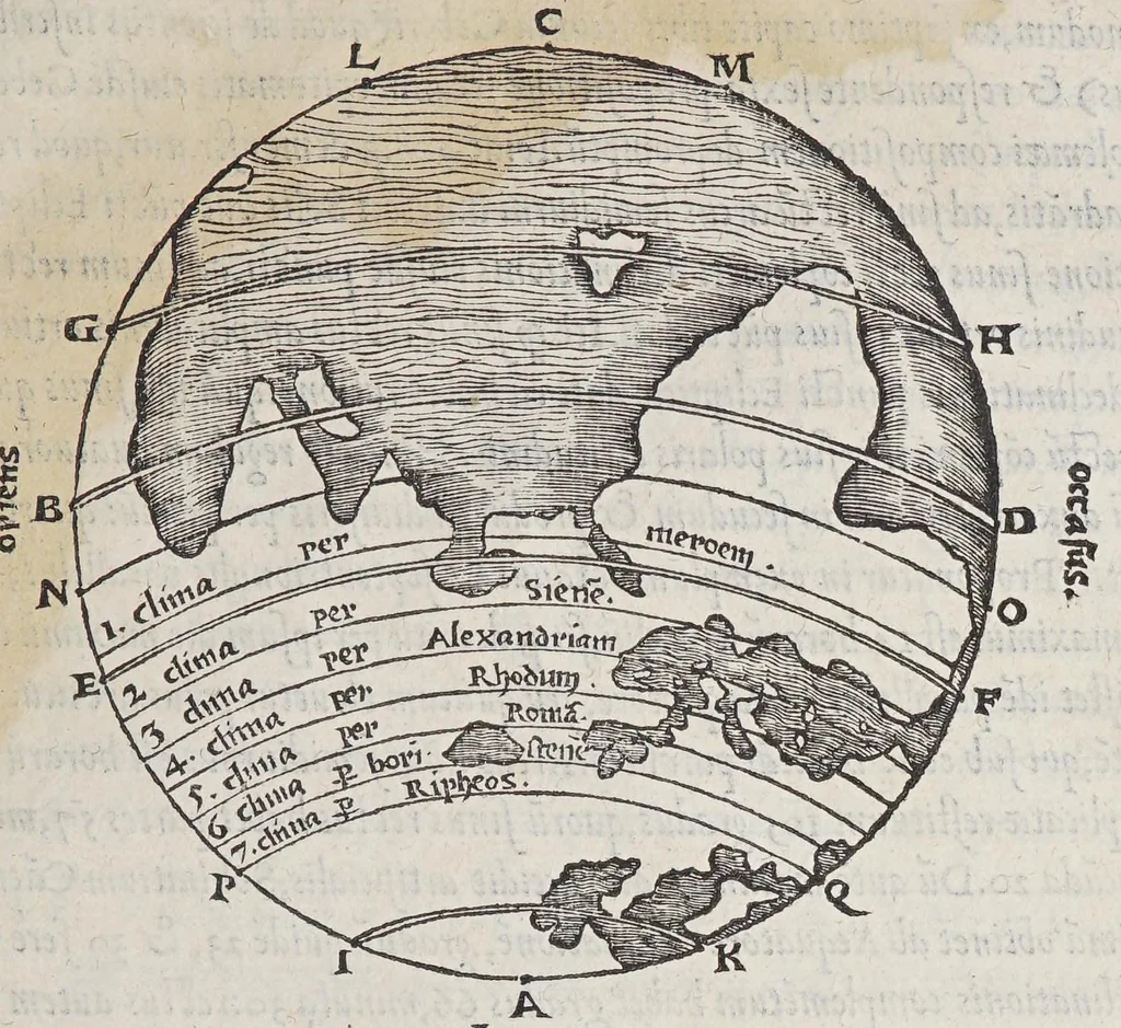 An illustration from Orontij Finei Delphinatis ... [De mundi sphaera, sive Cosmographia] primáve astronomiae parte, lib. V: in audita methodo ab authore renouati, proprijsque tum commentarijs [&] figuris, tum demonstrationibus [&] tabulis recens illustrati. : Eiusdem Orontii, rectarum in circuli quadrante subtensarum (quos sinus vocant) demonstratio, supputatióq[ue]; facillima, nunc primùm edita: vnà cum eoru[n]de[m] sinuu[m] tabula, fideli admodu[m] calculo restitua. : Eiusdem Orontii, organum vniuersale, ex supradicta sinuu[m] ratione contextu[m], quo tu[m] geometrici, tu[m] omnes astronomici canones, ex quatuor sinuu[m] proportione pendentes, mira facilitate practicantur, 1542, leaf 157