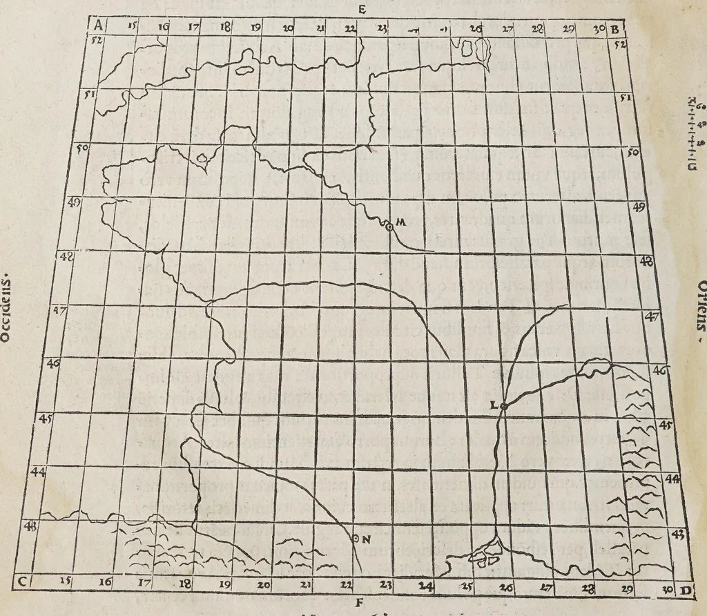 An illustration from Orontij Finei Delphinatis ... [De mundi sphaera, sive Cosmographia] primáve astronomiae parte, lib. V: in audita methodo ab authore renouati, proprijsque tum commentarijs [&] figuris, tum demonstrationibus [&] tabulis recens illustrati. : Eiusdem Orontii, rectarum in circuli quadrante subtensarum (quos sinus vocant) demonstratio, supputatióq[ue]; facillima, nunc primùm edita: vnà cum eoru[n]de[m] sinuu[m] tabula, fideli admodu[m] calculo restitua. : Eiusdem Orontii, organum vniuersale, ex supradicta sinuu[m] ratione contextu[m], quo tu[m] geometrici, tu[m] omnes astronomici canones, ex quatuor sinuu[m] proportione pendentes, mira facilitate practicantur, 1542, leaf 186