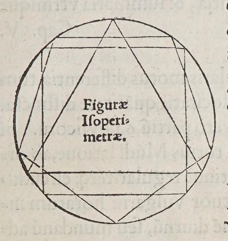 An illustration from Orontij Finei Delphinatis ... [De mundi sphaera, sive Cosmographia] primáve astronomiae parte, lib. V: in audita methodo ab authore renouati, proprijsque tum commentarijs [&] figuris, tum demonstrationibus [&] tabulis recens illustrati. : Eiusdem Orontii, rectarum in circuli quadrante subtensarum (quos sinus vocant) demonstratio, supputatióq[ue]; facillima, nunc primùm edita: vnà cum eoru[n]de[m] sinuu[m] tabula, fideli admodu[m] calculo restitua. : Eiusdem Orontii, organum vniuersale, ex supradicta sinuu[m] ratione contextu[m], quo tu[m] geometrici, tu[m] omnes astronomici canones, ex quatuor sinuu[m] proportione pendentes, mira facilitate practicantur, 1542, leaf 23