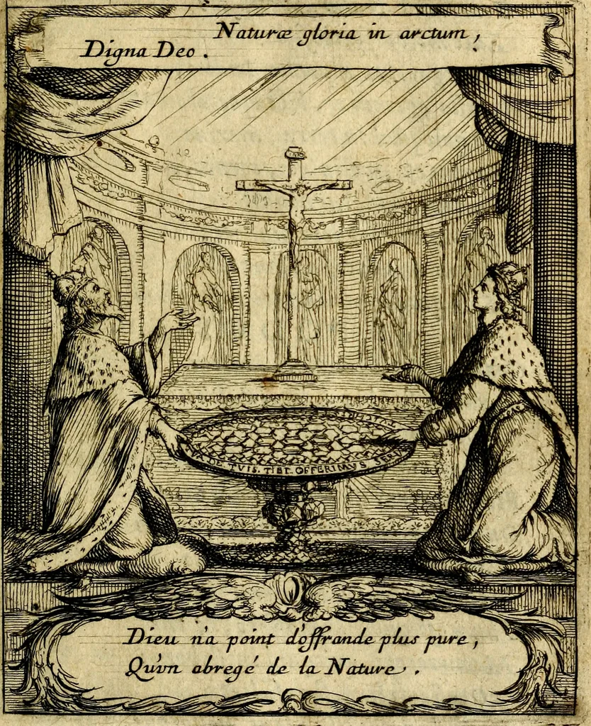 An illustration from Orphevs evcharisticvs. Sive devs absconditvs humanitatis illecebris illustriores mundi partes ad se pertrahens, vltroneas arcanae maiestatis adoratrices, 1657, leaf 10