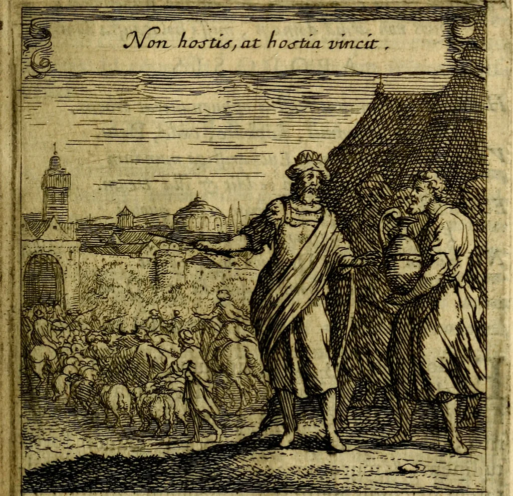 An illustration from Orphevs evcharisticvs. Sive devs absconditvs humanitatis illecebris illustriores mundi partes ad se pertrahens, vltroneas arcanae maiestatis adoratrices, 1657, leaf 144