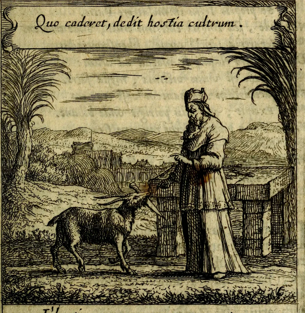 An illustration from Orphevs evcharisticvs. Sive devs absconditvs humanitatis illecebris illustriores mundi partes ad se pertrahens, vltroneas arcanae maiestatis adoratrices, 1657, leaf 362