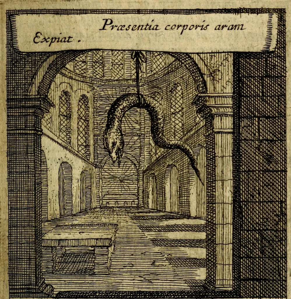 An illustration from Orphevs evcharisticvs. Sive devs absconditvs humanitatis illecebris illustriores mundi partes ad se pertrahens, vltroneas arcanae maiestatis adoratrices, 1657, leaf 516