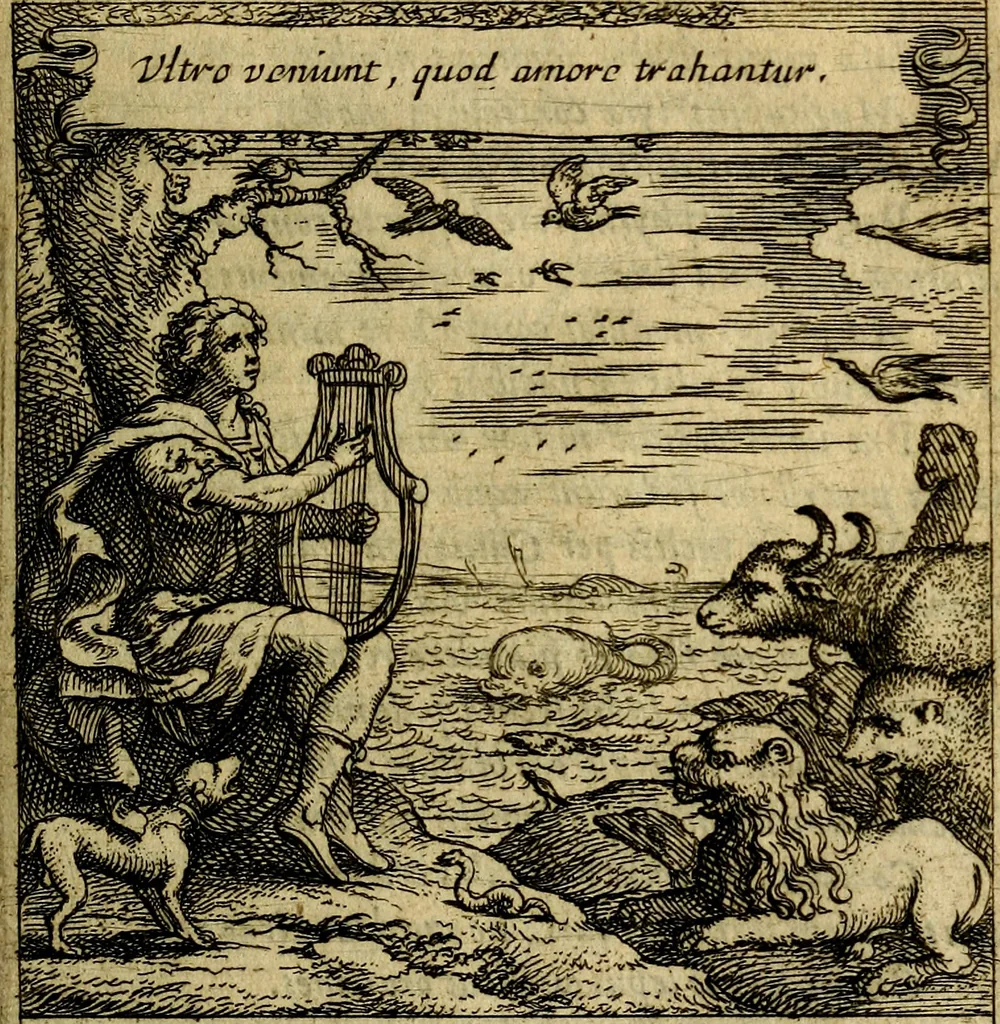An illustration from Orphevs evcharisticvs. Sive devs absconditvs humanitatis illecebris illustriores mundi partes ad se pertrahens, vltroneas arcanae maiestatis adoratrices, 1657, leaf 66