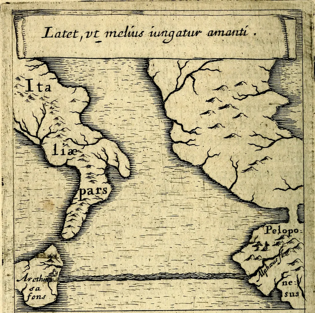 An illustration from Orphevs evcharisticvs. Sive devs absconditvs humanitatis illecebris illustriores mundi partes ad se pertrahens, vltroneas arcanae maiestatis adoratrices, 1657, leaf 687