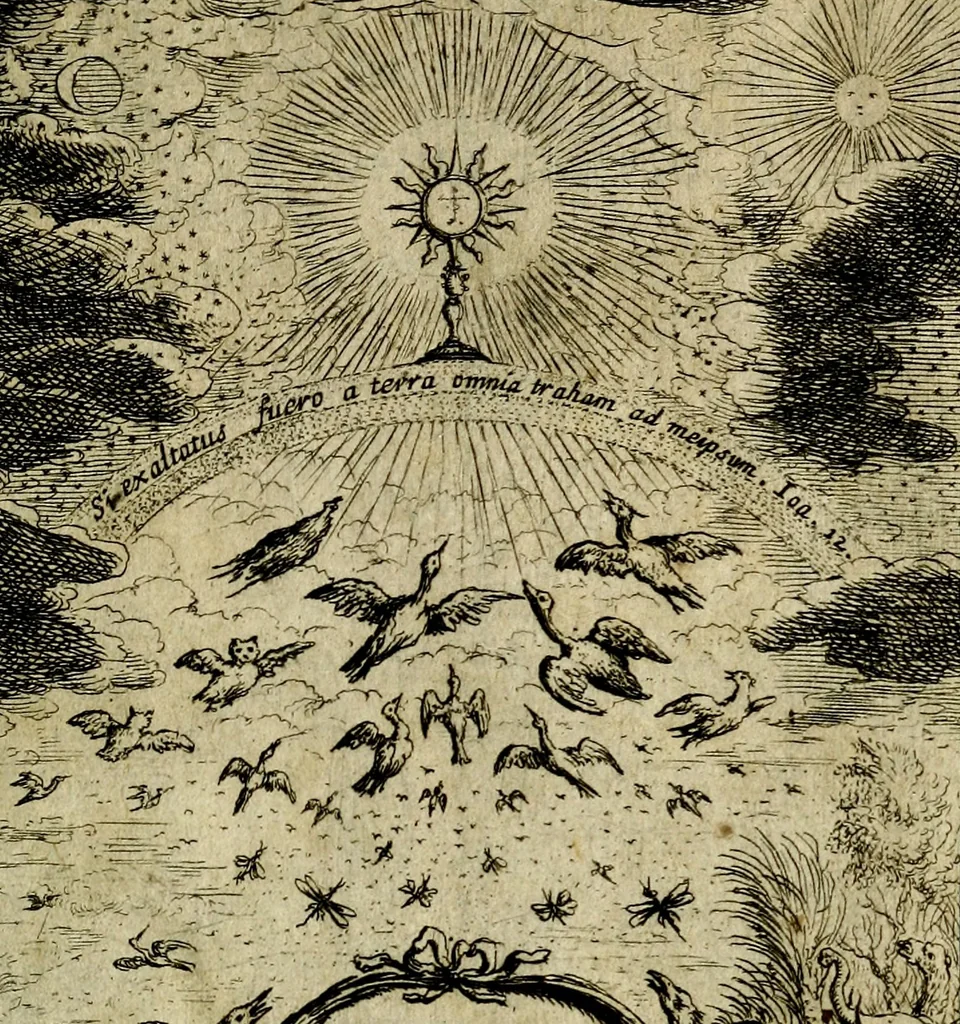 An illustration from Orphevs evcharisticvs. Sive devs absconditvs humanitatis illecebris illustriores mundi partes ad se pertrahens, vltroneas arcanae maiestatis adoratrices, 1657, leaf 8