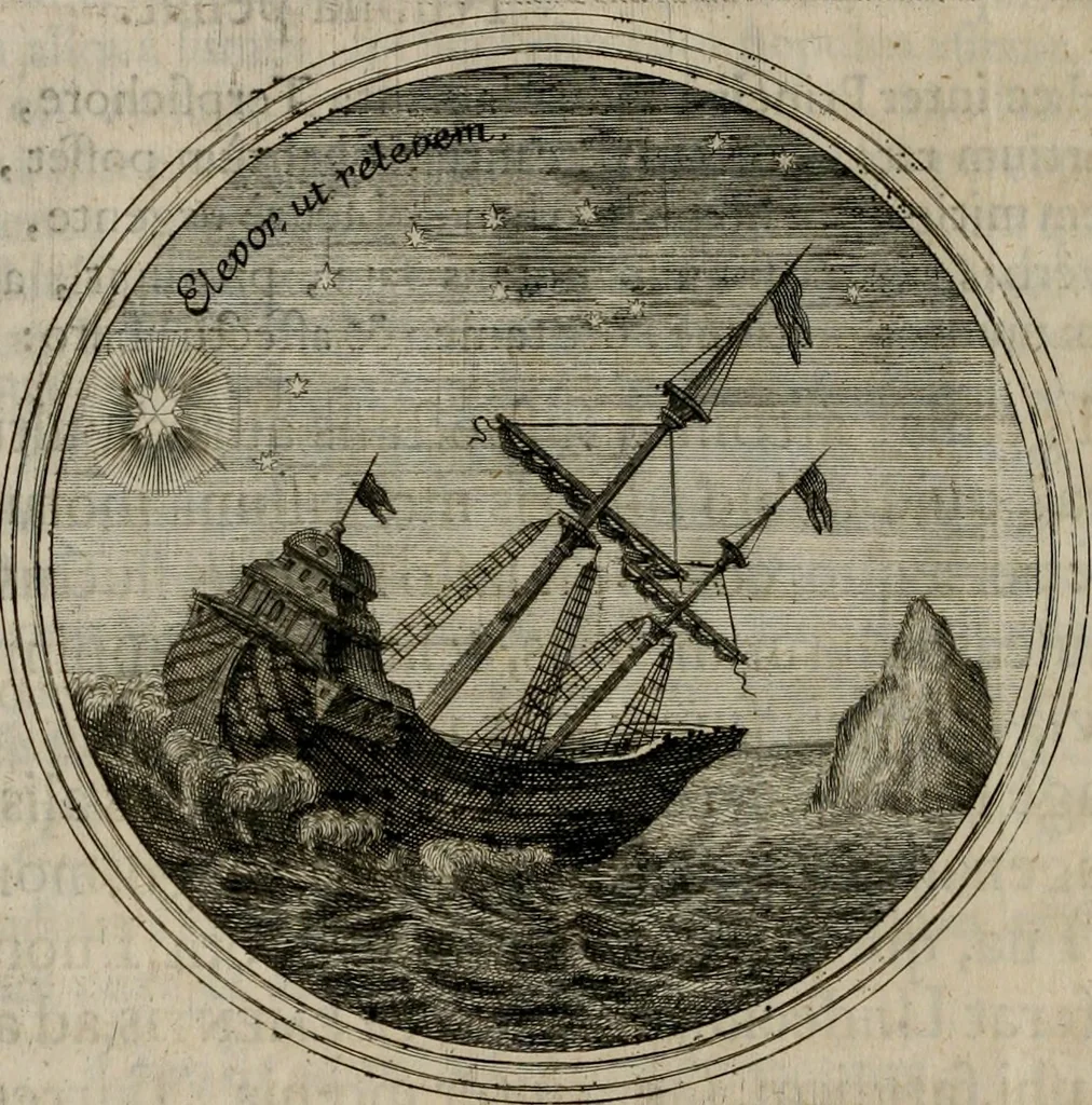 An illustration from Ortus Castoris ratibus propitius, Ratisbonæ è specula pieria Collegii Societatis Jesu in reverendissimo ac serenissimo principe, ac domino ... Joanne Theodoro ... tubo historico-poëtico observatvs, quando sideri fraterno serenissimo Clementi Augusto, in statione episcopatûs Ratisbonensis, successit, 1721, leaf 15