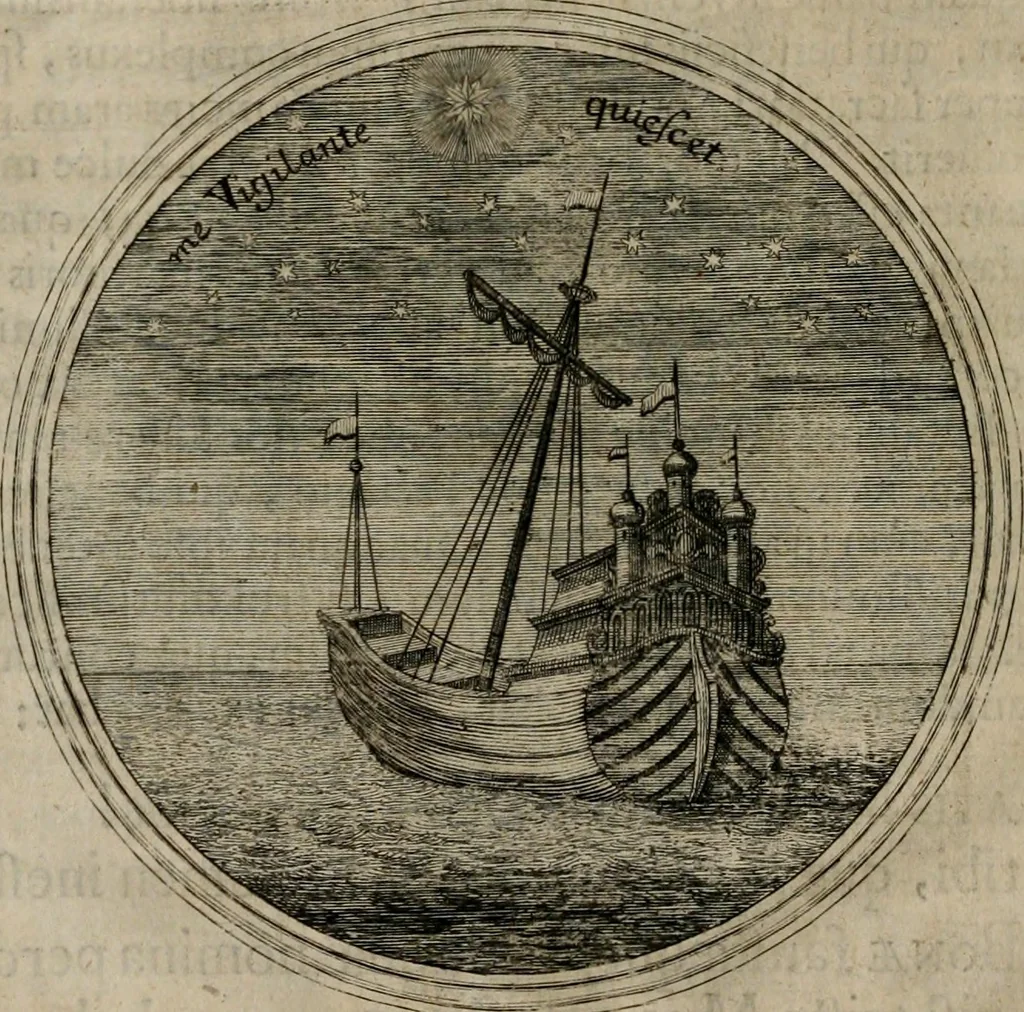 An illustration from Ortus Castoris ratibus propitius, Ratisbonæ è specula pieria Collegii Societatis Jesu in reverendissimo ac serenissimo principe, ac domino ... Joanne Theodoro ... tubo historico-poëtico observatvs, quando sideri fraterno serenissimo Clementi Augusto, in statione episcopatûs Ratisbonensis, successit, 1721, leaf 29