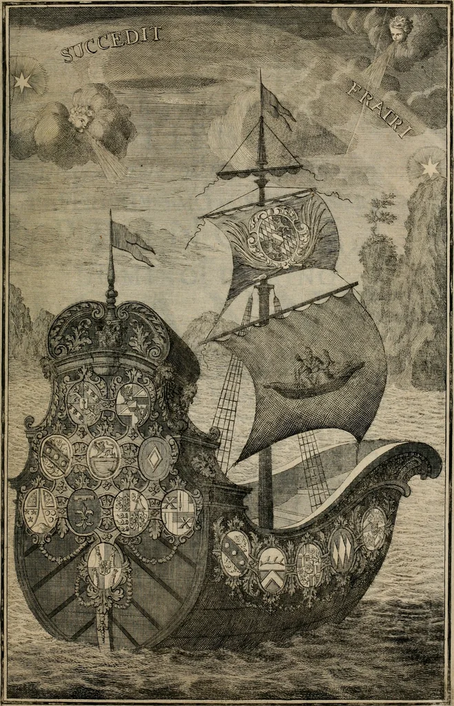 An illustration from Ortus Castoris ratibus propitius, Ratisbonæ è specula pieria Collegii Societatis Jesu in reverendissimo ac serenissimo principe, ac domino ... Joanne Theodoro ... tubo historico-poëtico observatvs, quando sideri fraterno serenissimo Clementi Augusto, in statione episcopatûs Ratisbonensis, successit, 1721, leaf 4