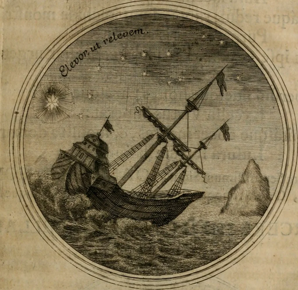 An illustration from Ortus Castoris ratibus propitius, Ratisbonæ è specula pieria Collegii Societatis Jesu in reverendissimo ac serenissimo principe, ac domino ... Joanne Theodoro ... tubo historico-poëtico observatvs, quando sideri fraterno serenissimo Clementi Augusto, in statione episcopatûs Ratisbonensis, successit, 1721, leaf 42