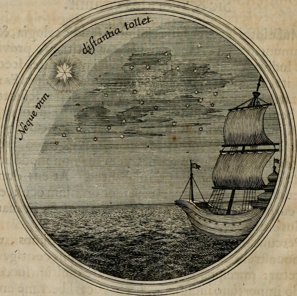 An illustration from Ortus Castoris ratibus propitius, Ratisbonæ è specula pieria Collegii Societatis Jesu in reverendissimo ac serenissimo principe, ac domino ... Joanne Theodoro ... tubo historico-poëtico observatvs, quando sideri fraterno serenissimo Clementi Augusto, in statione episcopatûs Ratisbonensis, successit, 1721, leaf 47