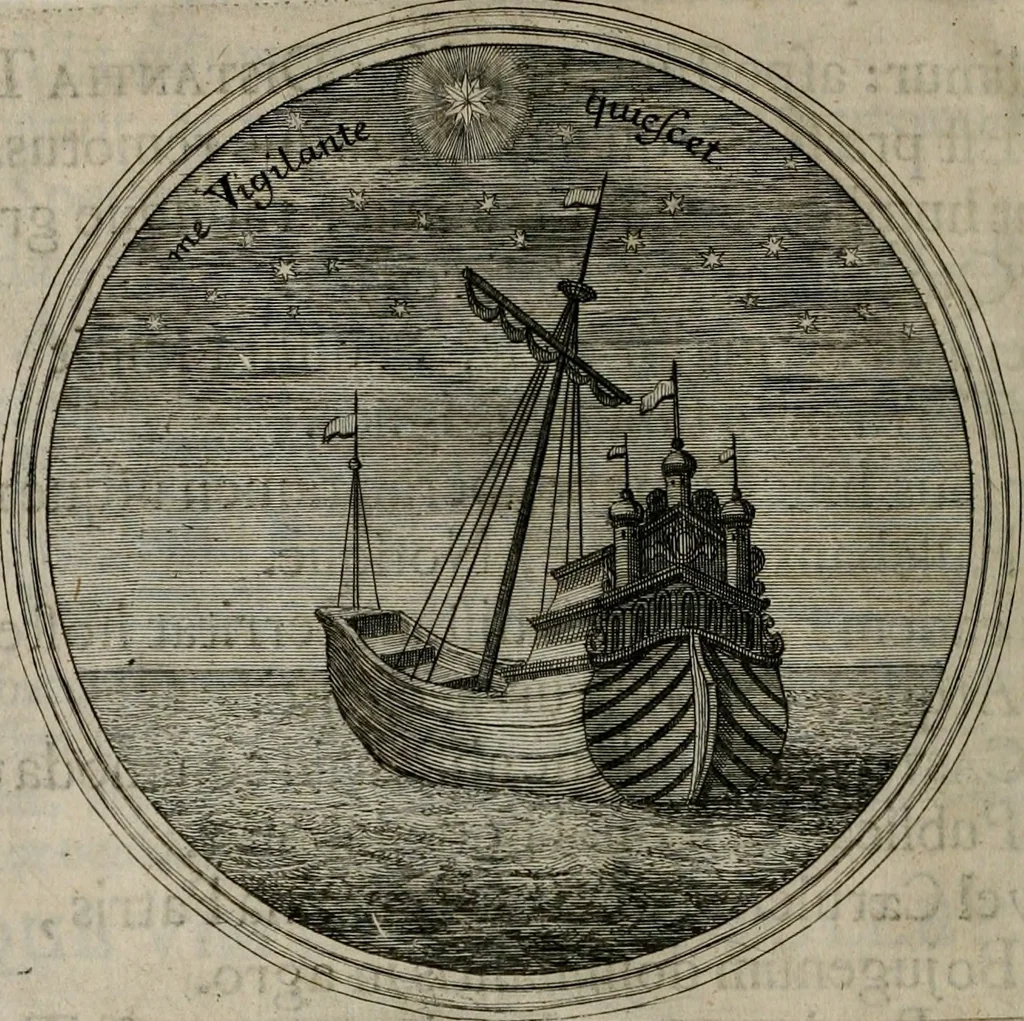 An illustration from Ortus Castoris ratibus propitius, Ratisbonæ è specula pieria Collegii Societatis Jesu in reverendissimo ac serenissimo principe, ac domino ... Joanne Theodoro ... tubo historico-poëtico observatvs, quando sideri fraterno serenissimo Clementi Augusto, in statione episcopatûs Ratisbonensis, successit, 1721, leaf 49