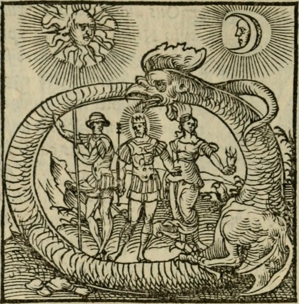 An illustration from Orvs Apollo de Ægypte De la signification des notes hieroglyphiques des Aegyptiens : cest a dire des figures par les quelles ilz escripuoient leurs mysteres secretz, & les choses sainctes & diuines, 1543, leaf 11