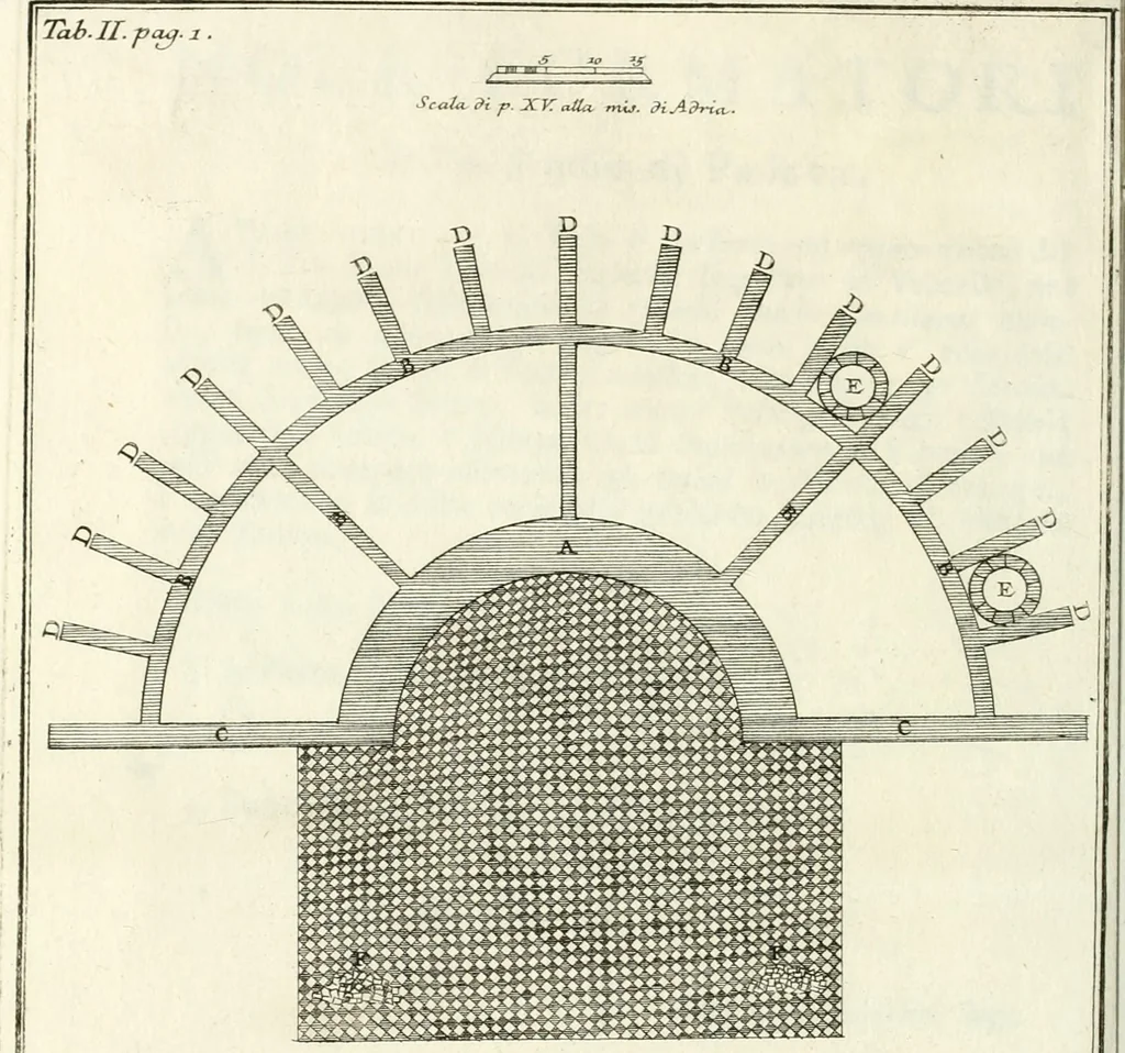 An illustration from Osservazioni di Ottavio Bocchi gentiluomo adriese sopra un antico teatro scoperto in Adria : agli eruditissimi Signori Accademici della nobile Accademia Etrusca dell'antichissima città di Cortona, 1739, leaf 13