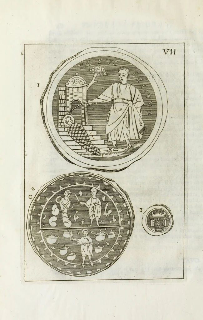 An illustration from Osservazioni sopra alcuni frammenti di vasi antichi di vetro ornati di figure trovati ne'cimiteri di Roma, 1716, leaf 101