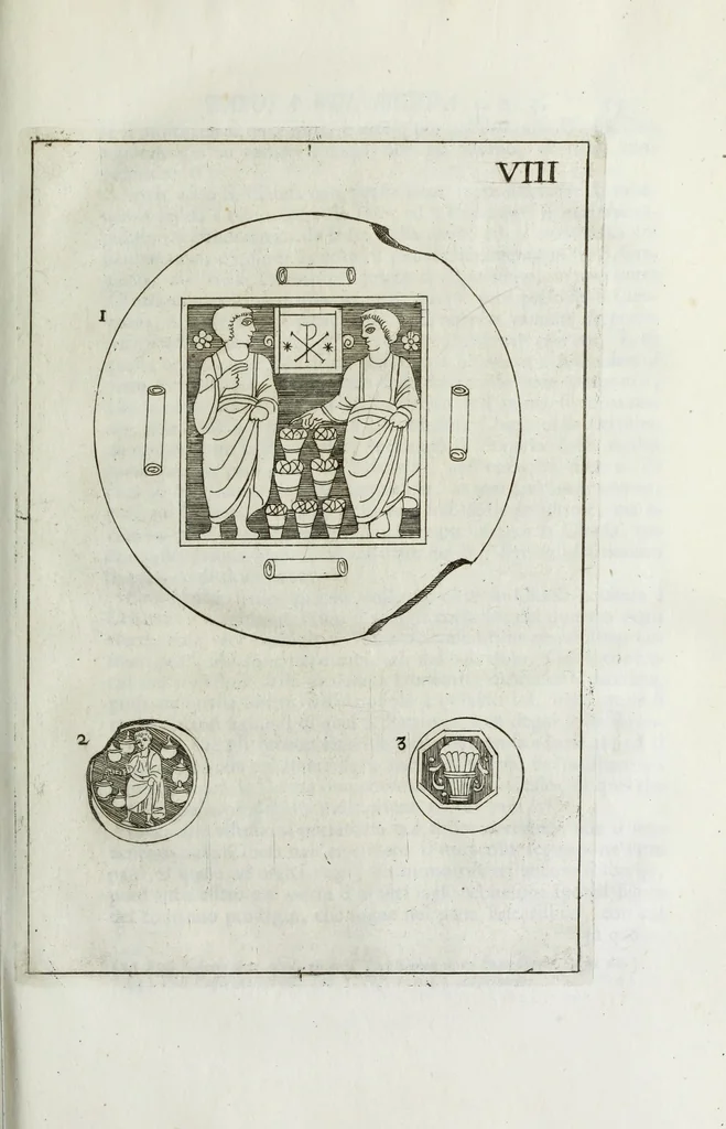 An illustration from Osservazioni sopra alcuni frammenti di vasi antichi di vetro ornati di figure trovati ne'cimiteri di Roma, 1716, leaf 108