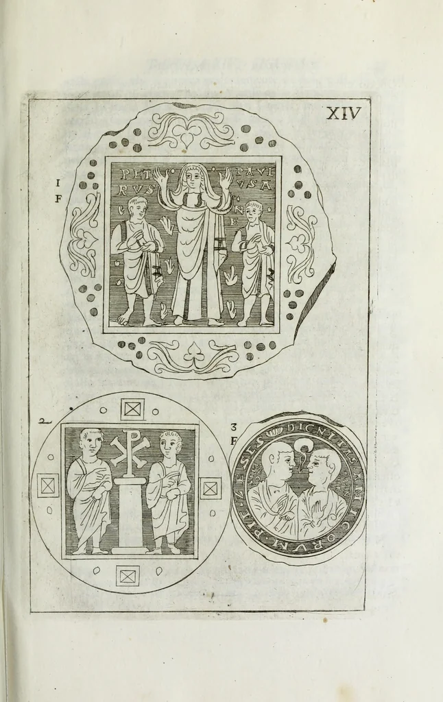 An illustration from Osservazioni sopra alcuni frammenti di vasi antichi di vetro ornati di figure trovati ne'cimiteri di Roma, 1716, leaf 158
