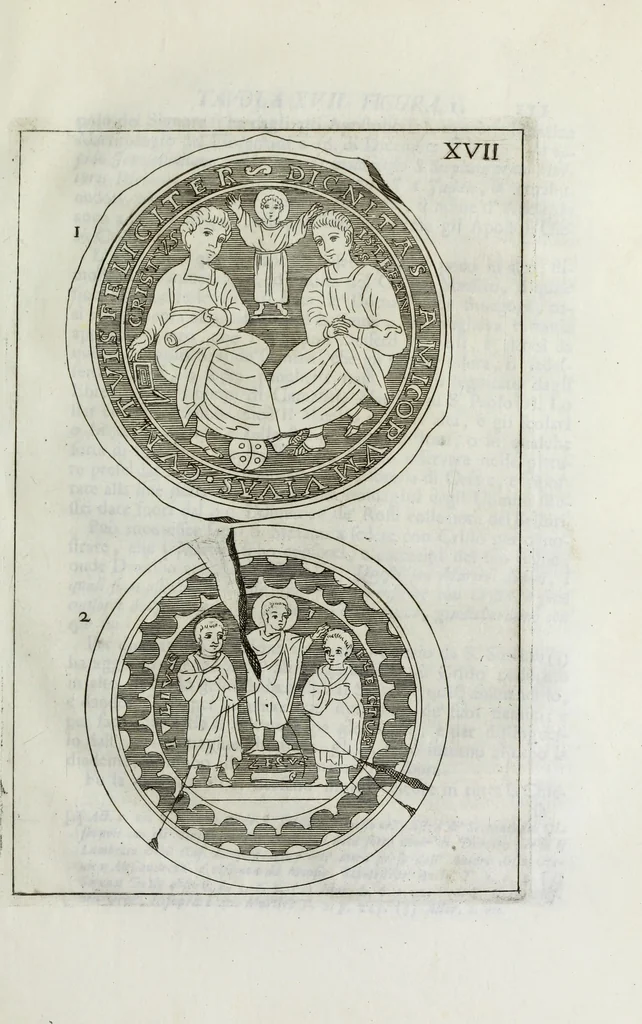 An illustration from Osservazioni sopra alcuni frammenti di vasi antichi di vetro ornati di figure trovati ne'cimiteri di Roma, 1716, leaf 182