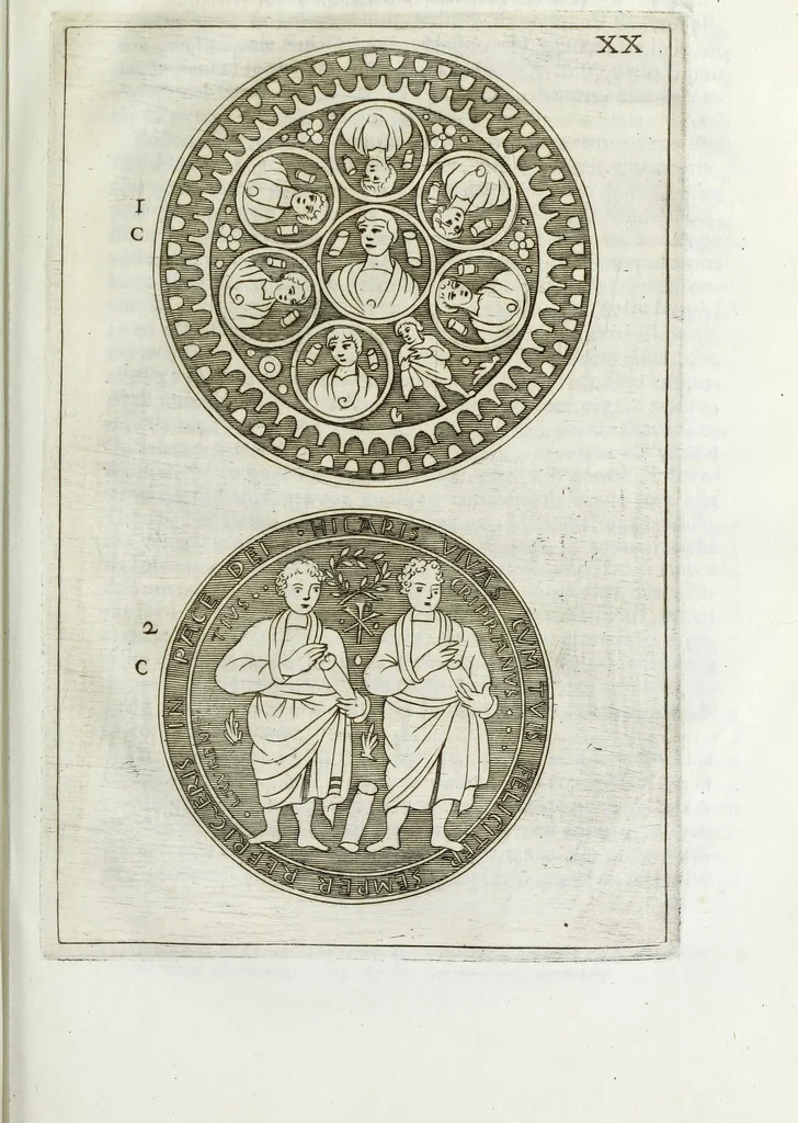 An illustration from Osservazioni sopra alcuni frammenti di vasi antichi di vetro ornati di figure trovati ne'cimiteri di Roma, 1716, leaf 218