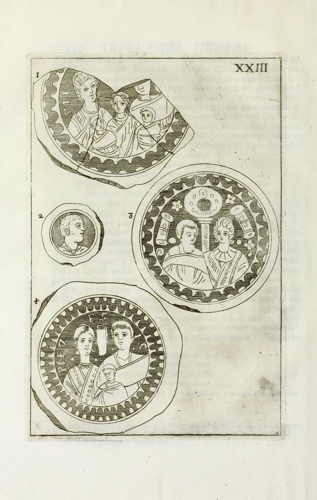 An illustration from Osservazioni sopra alcuni frammenti di vasi antichi di vetro ornati di figure trovati ne'cimiteri di Roma, 1716, leaf 231