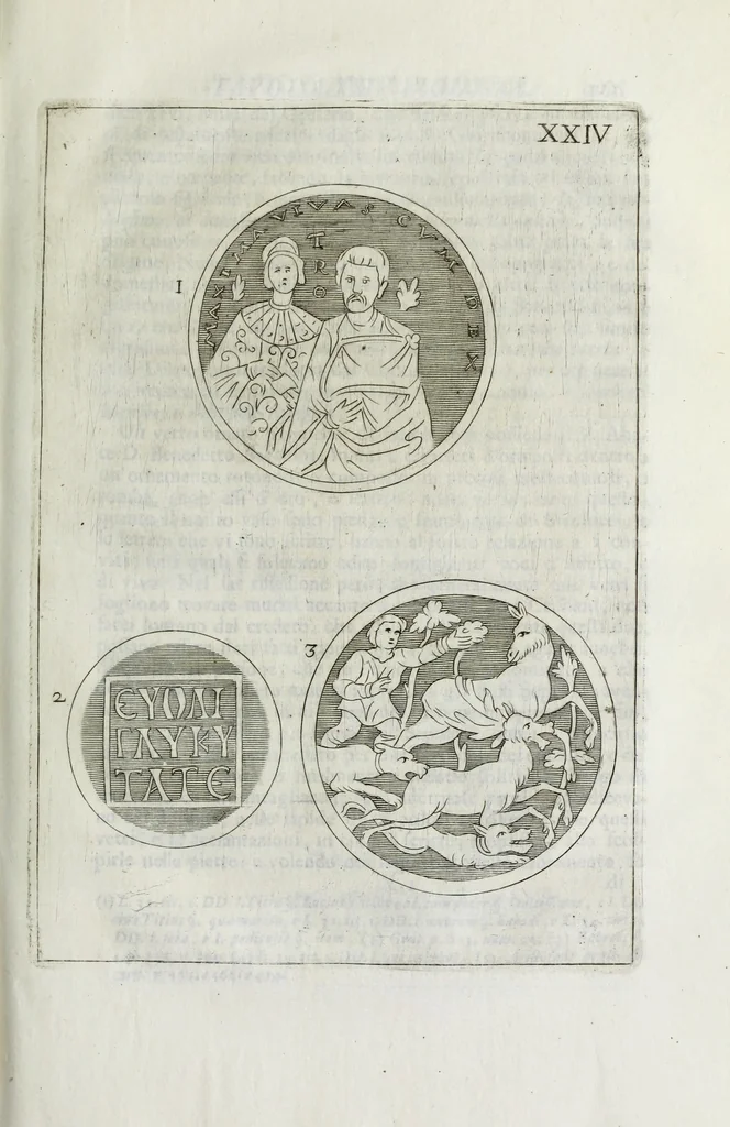 An illustration from Osservazioni sopra alcuni frammenti di vasi antichi di vetro ornati di figure trovati ne'cimiteri di Roma, 1716, leaf 248
