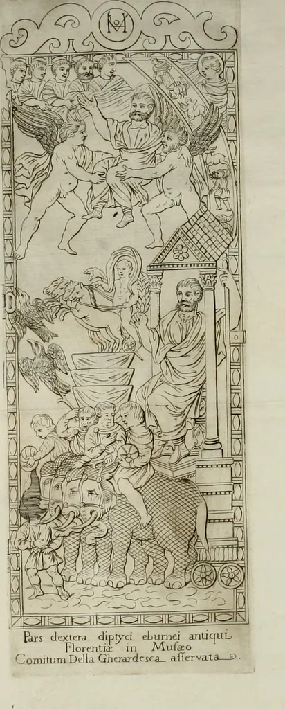 An illustration from Osservazioni sopra alcuni frammenti di vasi antichi di vetro ornati di figure trovati ne'cimiteri di Roma, 1716, leaf 338