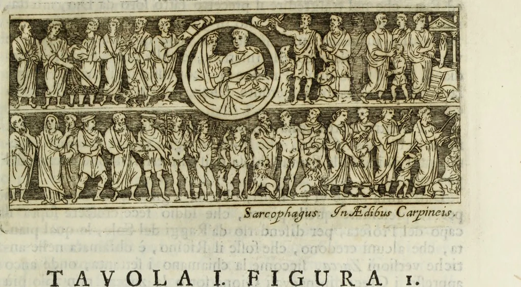 An illustration from Osservazioni sopra alcuni frammenti di vasi antichi di vetro ornati di figure trovati ne'cimiteri di Roma, 1716, leaf 42