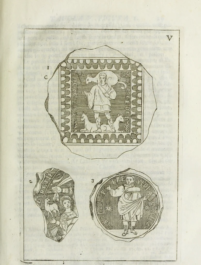 An illustration from Osservazioni sopra alcuni frammenti di vasi antichi di vetro ornati di figure trovati ne'cimiteri di Roma, 1716, leaf 76