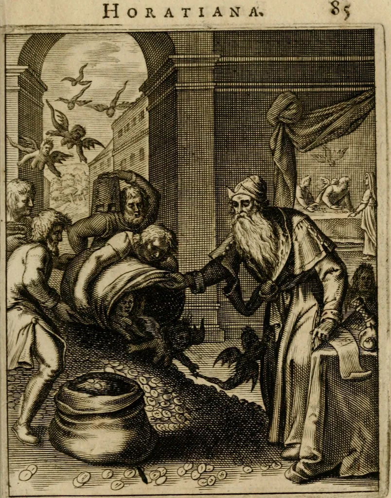 An illustration from Othonis VaenI Emblemata Horatiana : imaginibus in aes incisis : atque latino, germanico, gallico et belgico carmine illustrata, 1684, leaf 106