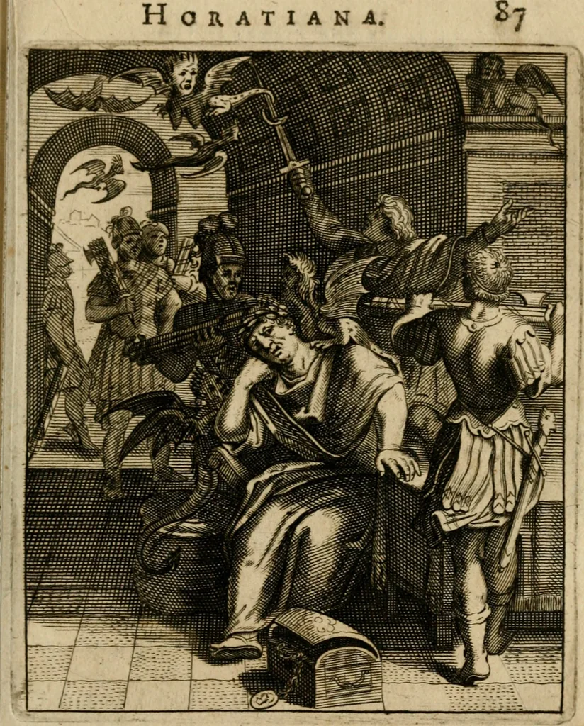 An illustration from Othonis VaenI Emblemata Horatiana : imaginibus in aes incisis : atque latino, germanico, gallico et belgico carmine illustrata, 1684, leaf 108