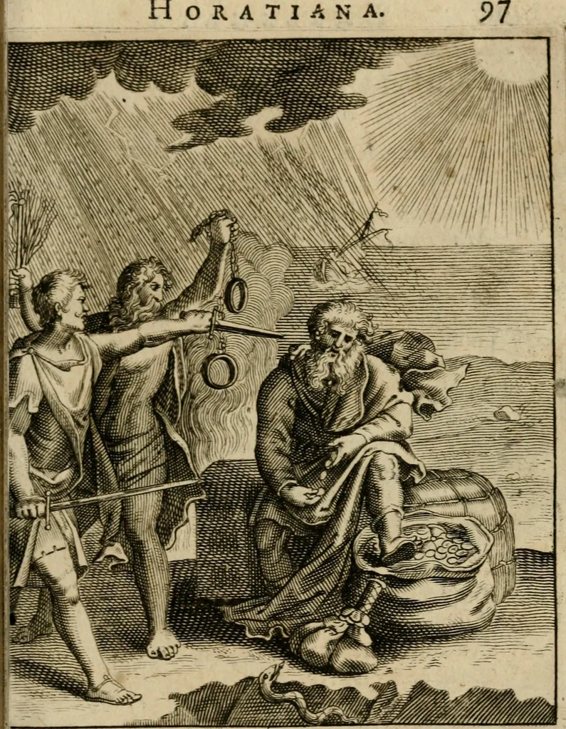 An illustration from Othonis VaenI Emblemata Horatiana : imaginibus in aes incisis : atque latino, germanico, gallico et belgico carmine illustrata, 1684, leaf 118