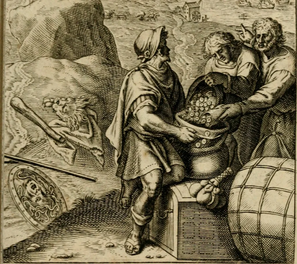 An illustration from Othonis VaenI Emblemata Horatiana : imaginibus in aes incisis : atque latino, germanico, gallico et belgico carmine illustrata, 1684, leaf 120