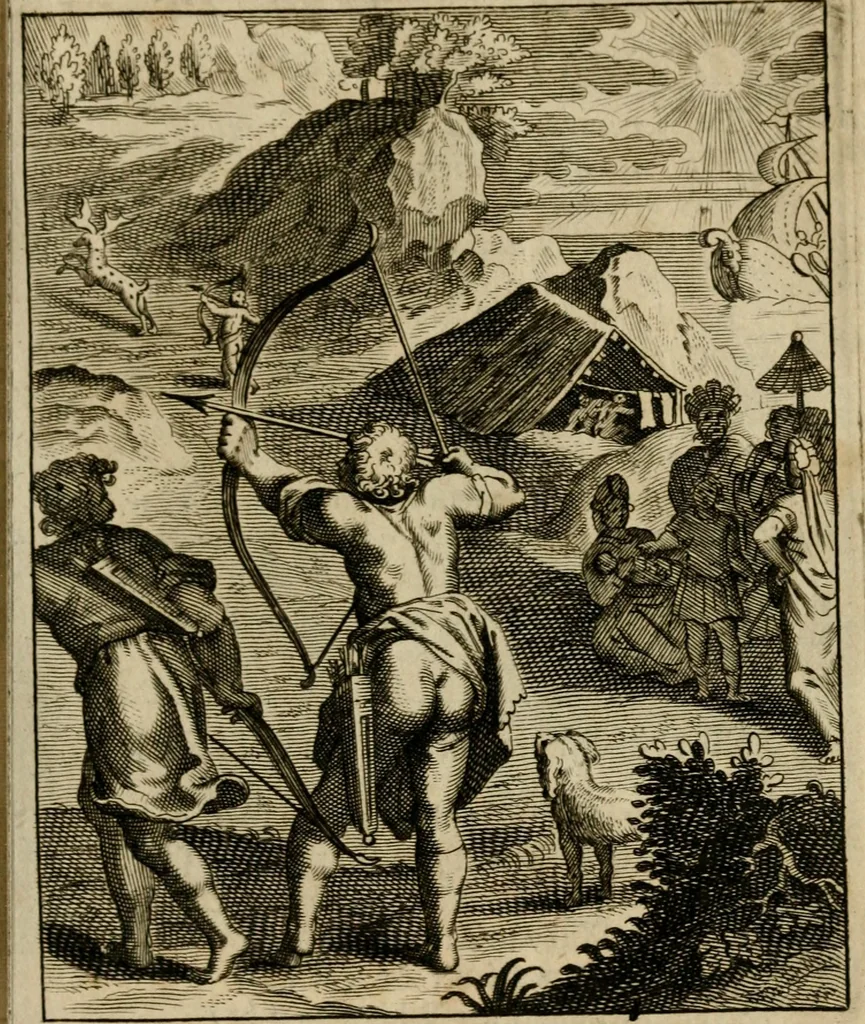 An illustration from Othonis VaenI Emblemata Horatiana : imaginibus in aes incisis : atque latino, germanico, gallico et belgico carmine illustrata, 1684, leaf 122