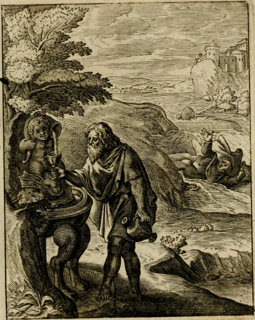 An illustration from Othonis VaenI Emblemata Horatiana : imaginibus in aes incisis : atque latino, germanico, gallico et belgico carmine illustrata, 1684, leaf 128
